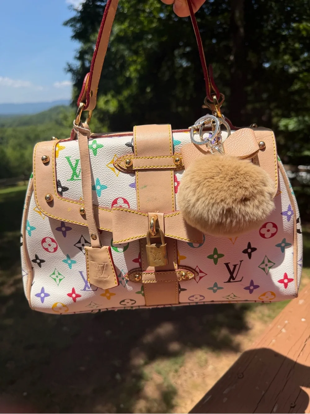 White Multicolor Monogram Satchel with Pom Charm
